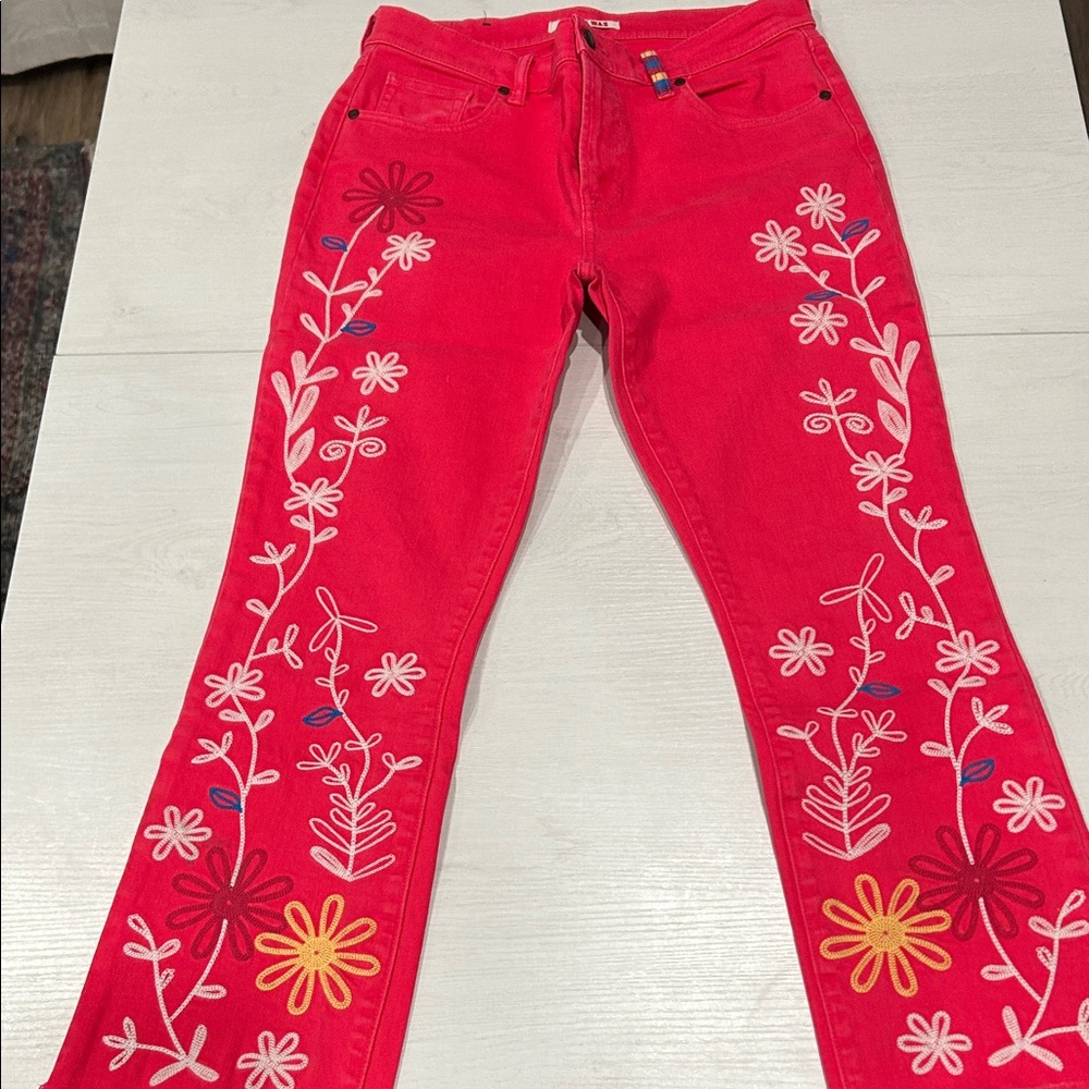 Johnny Was Bright Red Embroidered Boot Cut Jeans